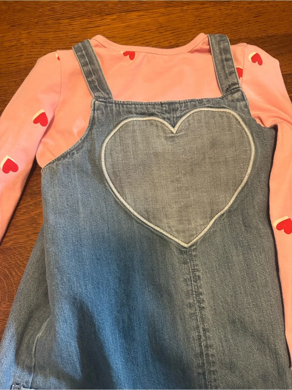 Old Navy Denim Pinafore with Pink Heart-Print Top